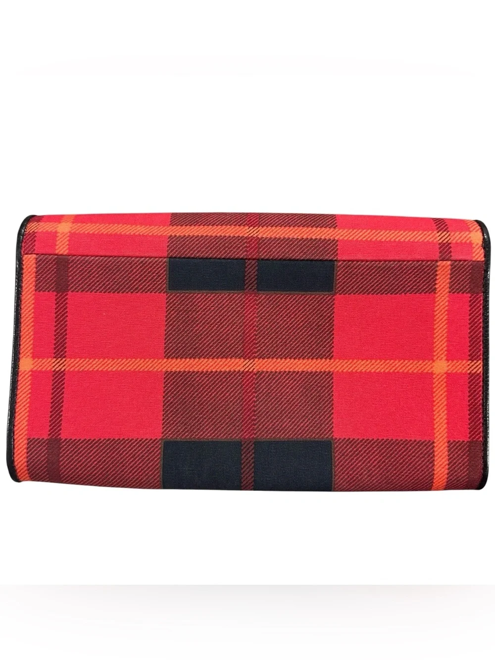 Kate Spade Red Plaid Canvas & Black Leather Bow Flap Clutch Mini Bag on Chain